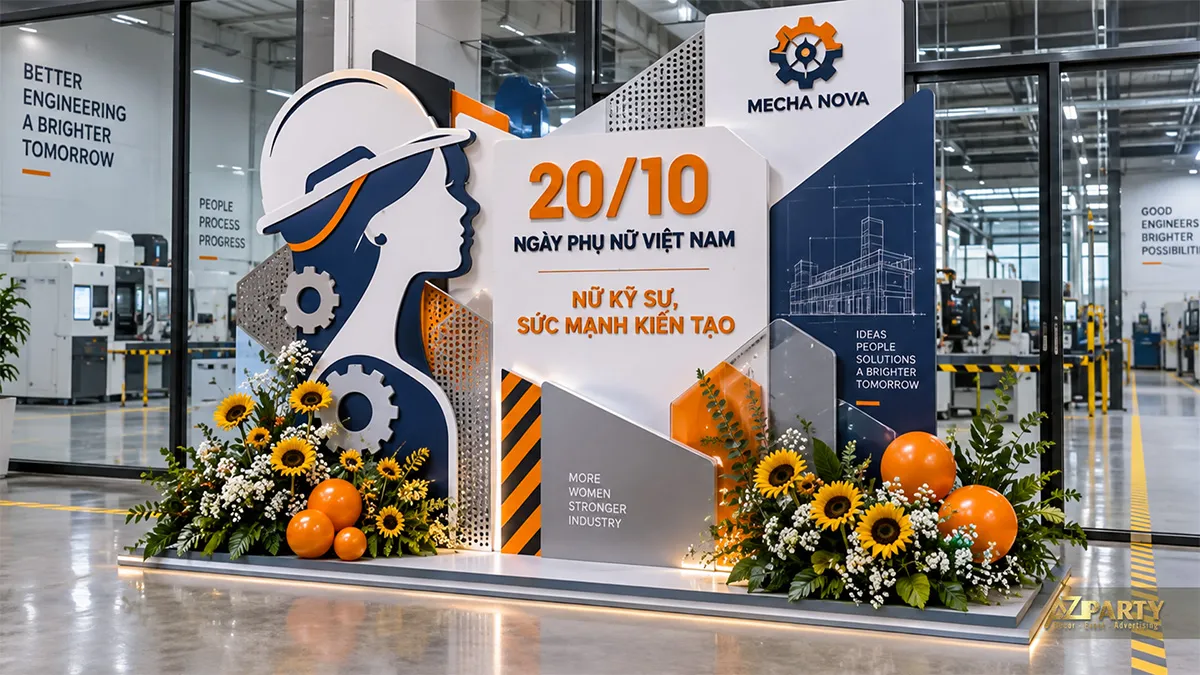 Backdrop 20/10 chủ đề nữ kỹ sư với bánh răng, hoa hướng dương và màu cam xanh