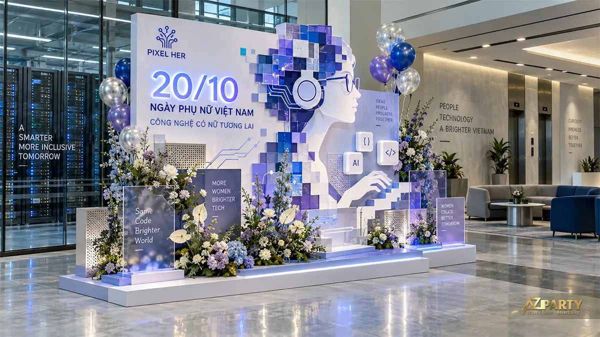 Backdrop ngày Phụ nữ Việt Nam chủ đề công nghệ với hình phụ nữ, đèn LED và biểu tượng AI