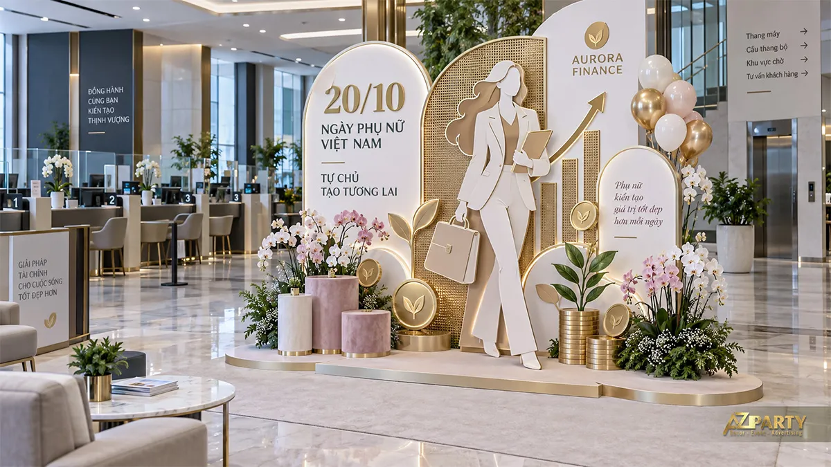 Backdrop 20/10 tại sảnh tài chính với hình nữ doanh nhân và chi tiết biểu đồ tăng trưởng