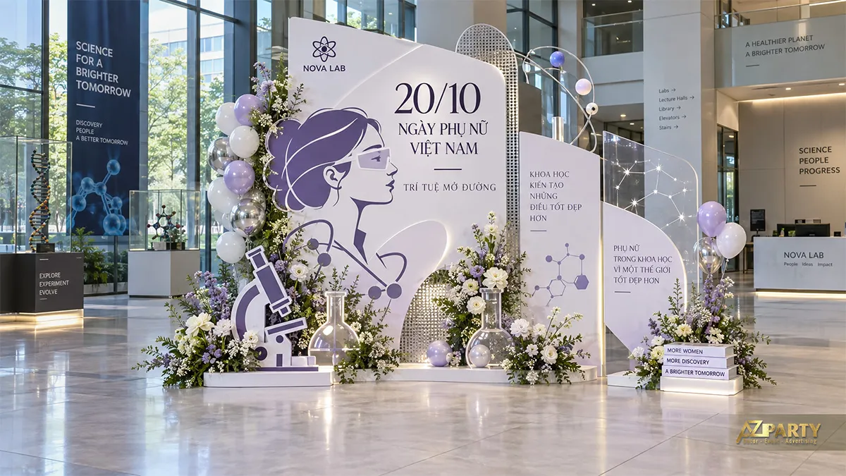 Backdrop ngày Phụ nữ Việt Nam chủ đề khoa học với bác sĩ, kính hiển vi và mô hình phân tử