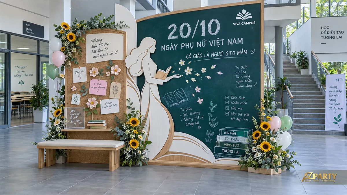 Góc check-in 20/10 tại trường học với bảng phấn, hình cô giáo và hoa hướng dương