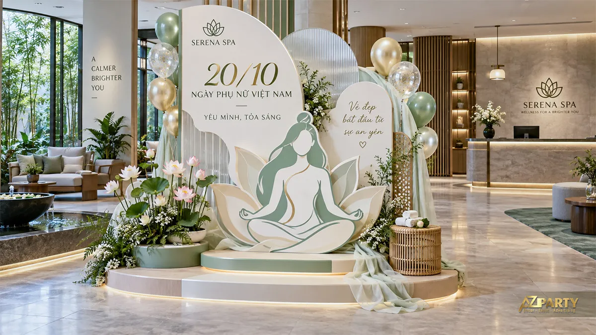 Backdrop 20/10 chủ đề spa tông xanh sage với hoa sen và ghế mây
