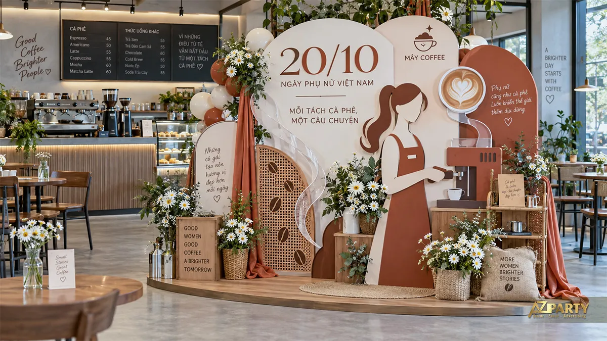 Backdrop ngày Phụ nữ Việt Nam chủ đề quán cà phê với hình barista và máy pha cà phê