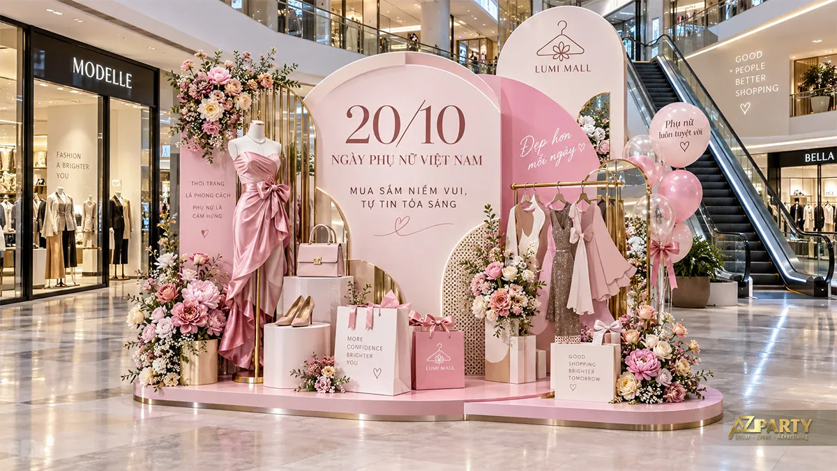 Backdrop 20/10 chủ đề thời trang tại trung tâm thương mại với váy, túi và giày