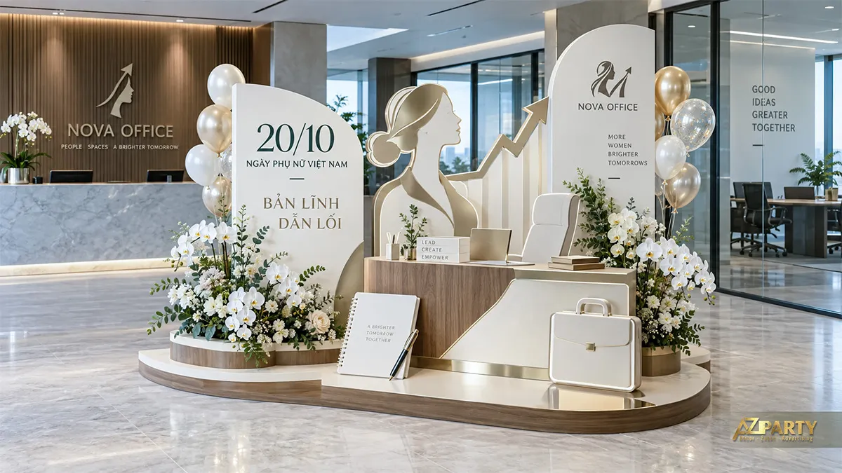 Backdrop ngày Phụ nữ Việt Nam tại sảnh doanh nghiệp với hình nữ lãnh đạo và bàn làm việc