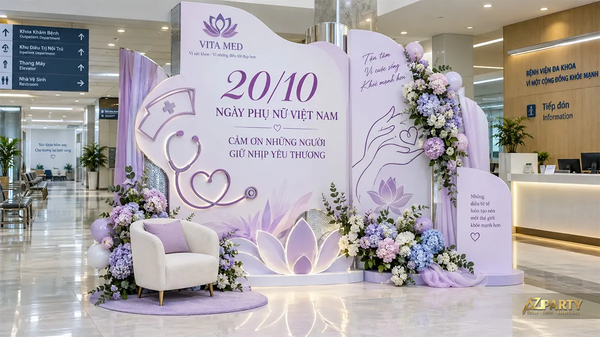 Góc check-in 20/10 tông tím tại bệnh viện với biểu tượng y tế và hoa cẩm tú cầu