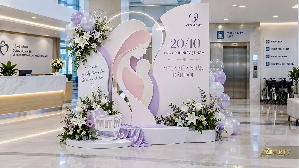 Backdrop 20/10 tại bệnh viện với hình mẹ con, hoa trắng và bóng bay tím
