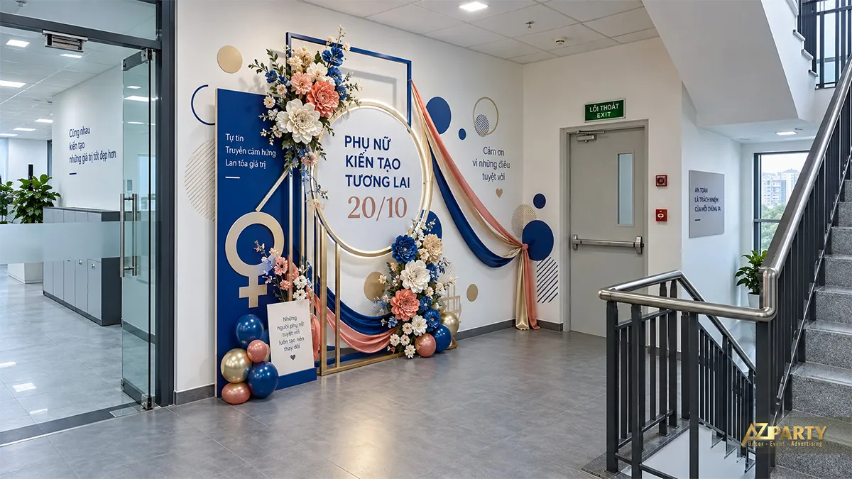 Backdrop tròn màu xanh navy và hồng đào đặt tại chiếu nghỉ cầu thang văn phòng