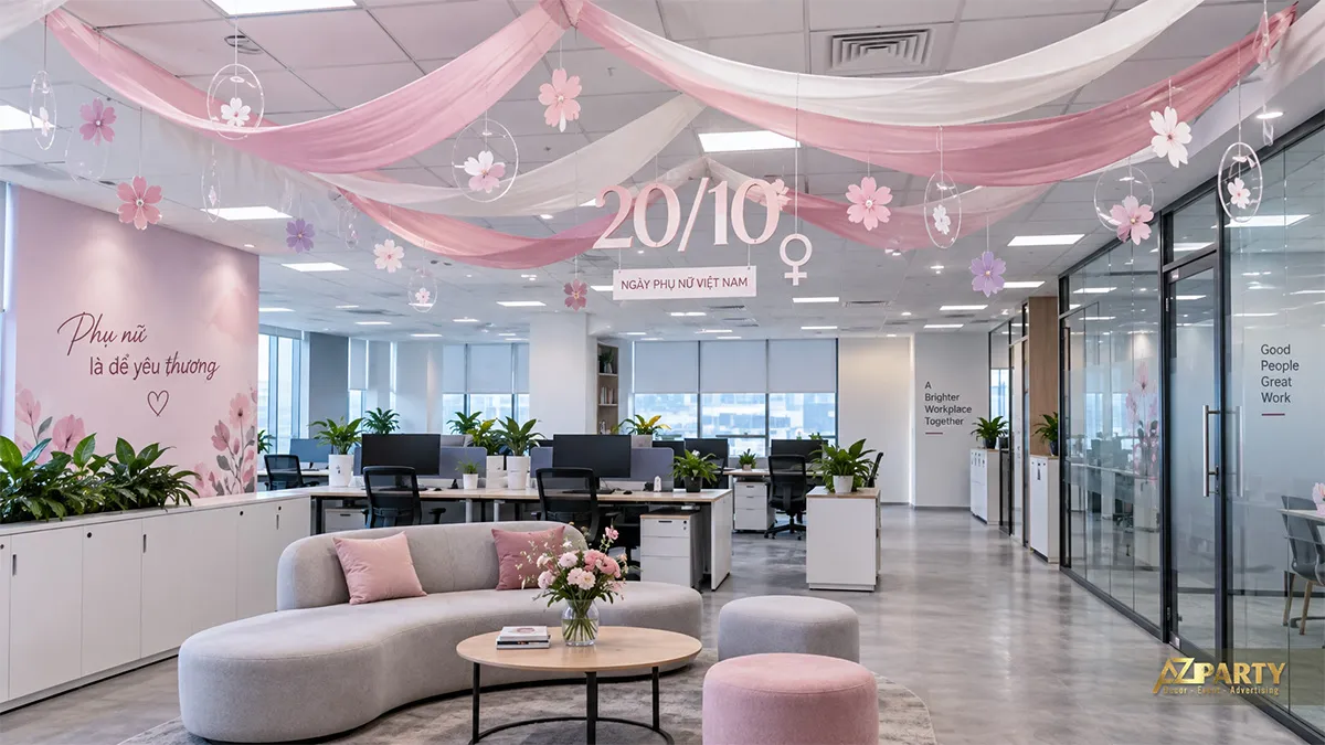 Khu lounge văn phòng treo dải lụa hồng trắng và hoa cho ngày 20/10