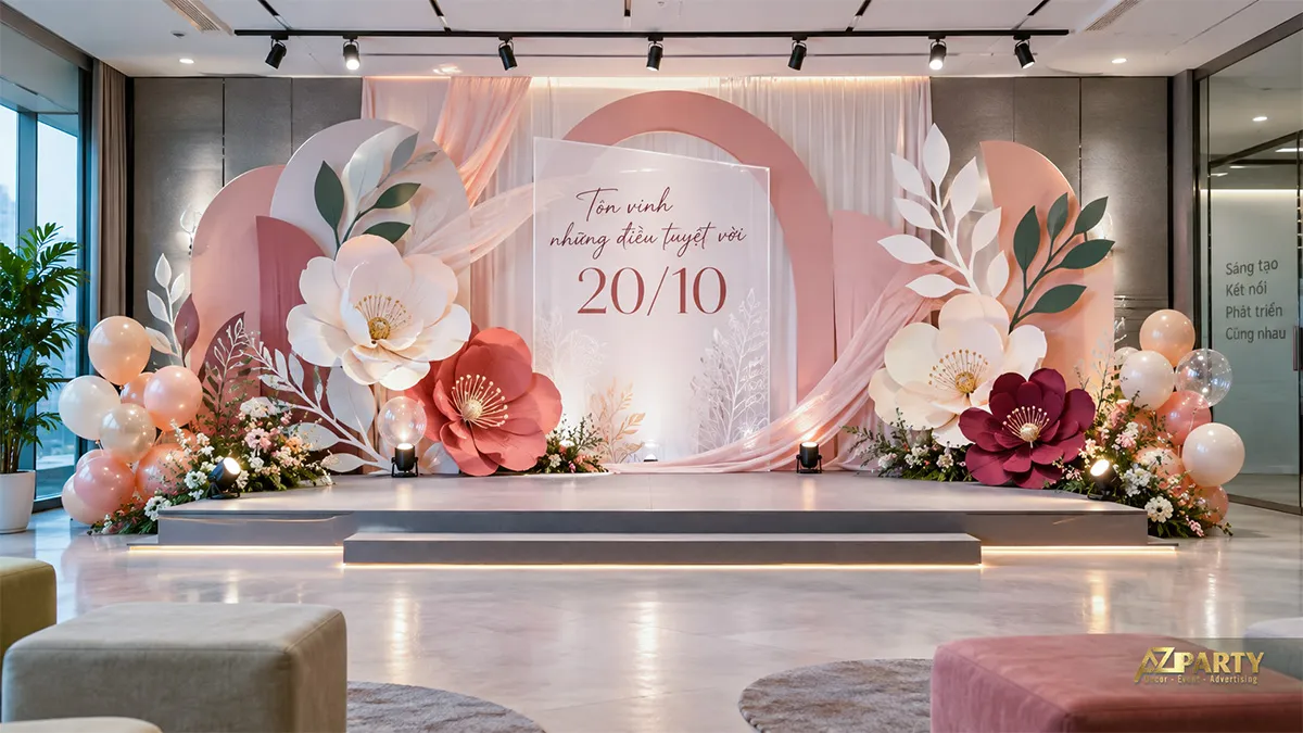 Backdrop 20/10 khổ lớn màu hồng đào với rèm, hoa và cụm bóng bay