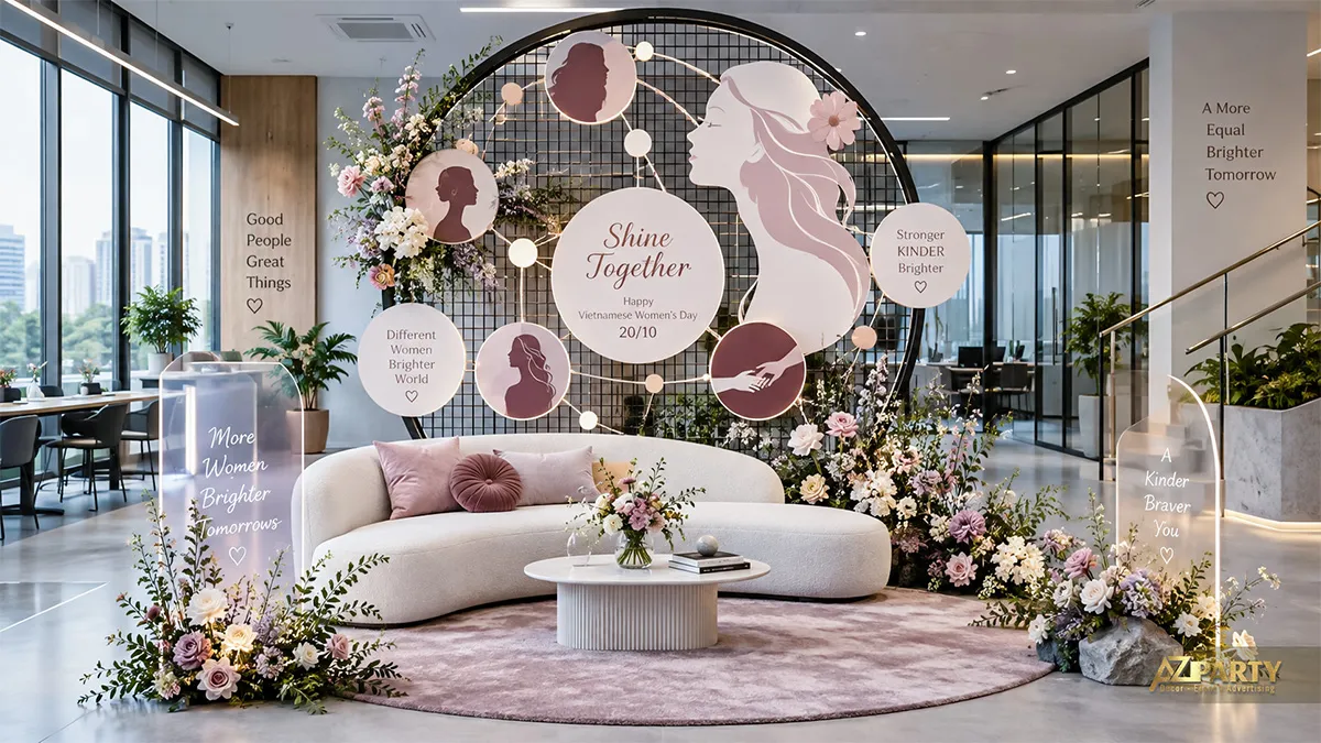 Khung lưới tròn Shine Together đặt sau sofa với hình phụ nữ và hoa