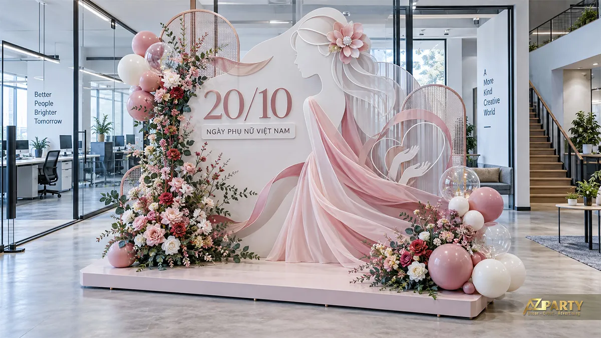 Backdrop hồng trắng với hình người phụ nữ, tường hoa và bóng bay tại sảnh