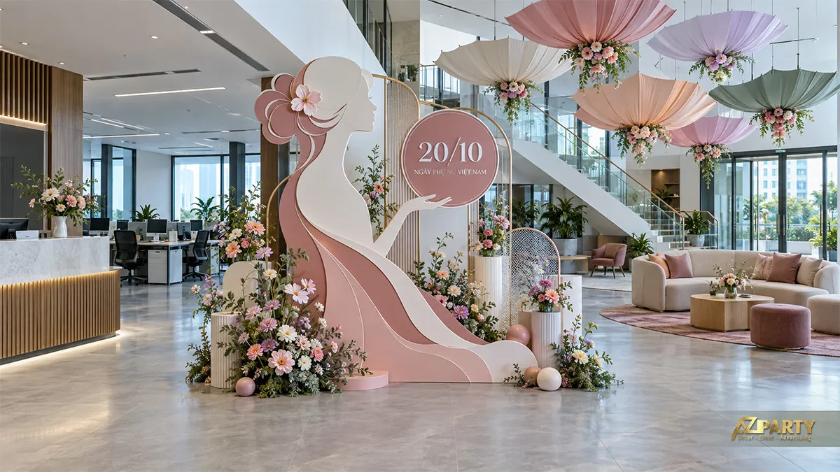 Mô hình người phụ nữ cùng bảng 20/10 đặt dưới cụm lụa và hoa treo trần