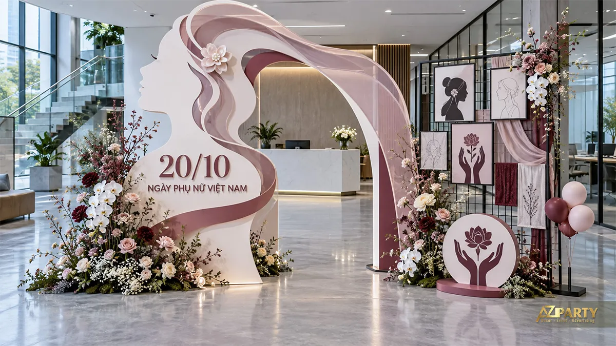 Vách check-in có chân dung phụ nữ, khung lưới treo tranh và hoa pastel