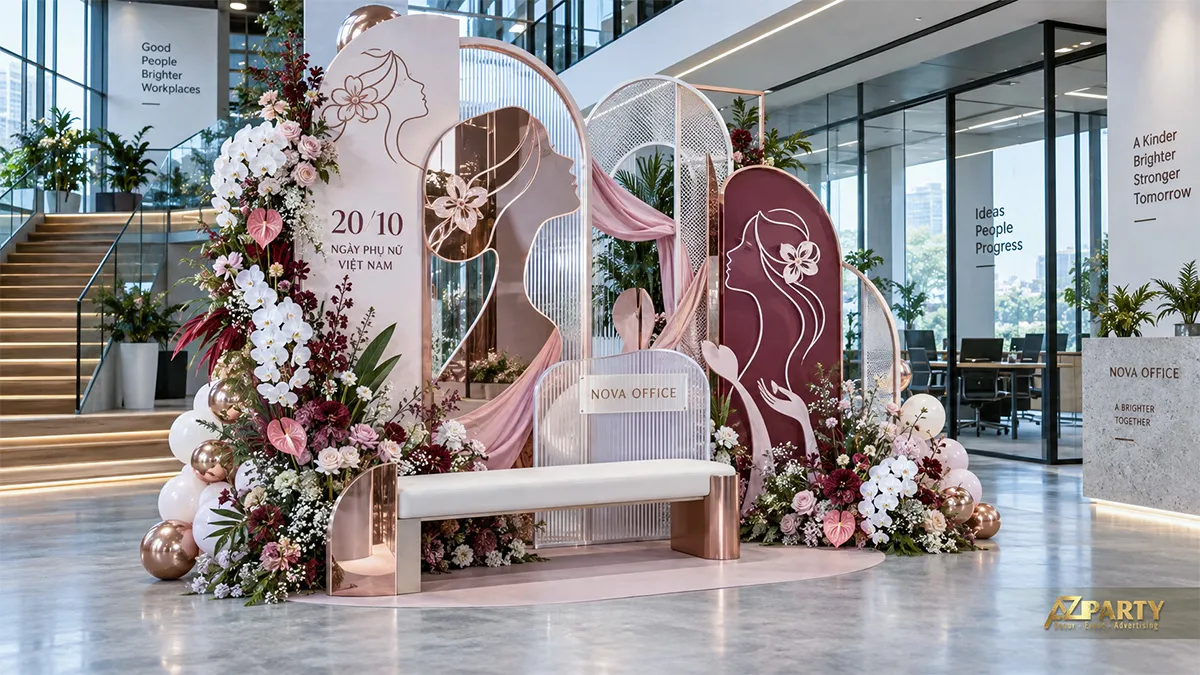 Backdrop nhiều lớp màu hồng tím với hai chân dung phụ nữ và ghế trắng