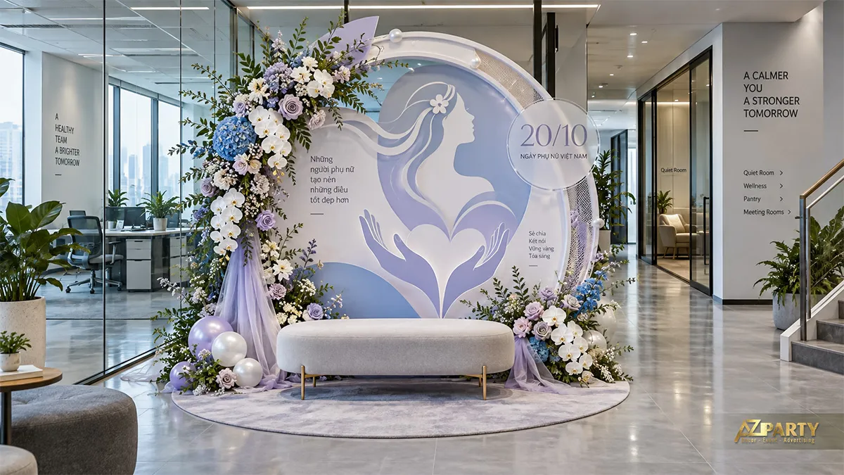 Backdrop tròn màu tím nhạt với ghế ngồi, bàn tay nâng hình phụ nữ và hoa
