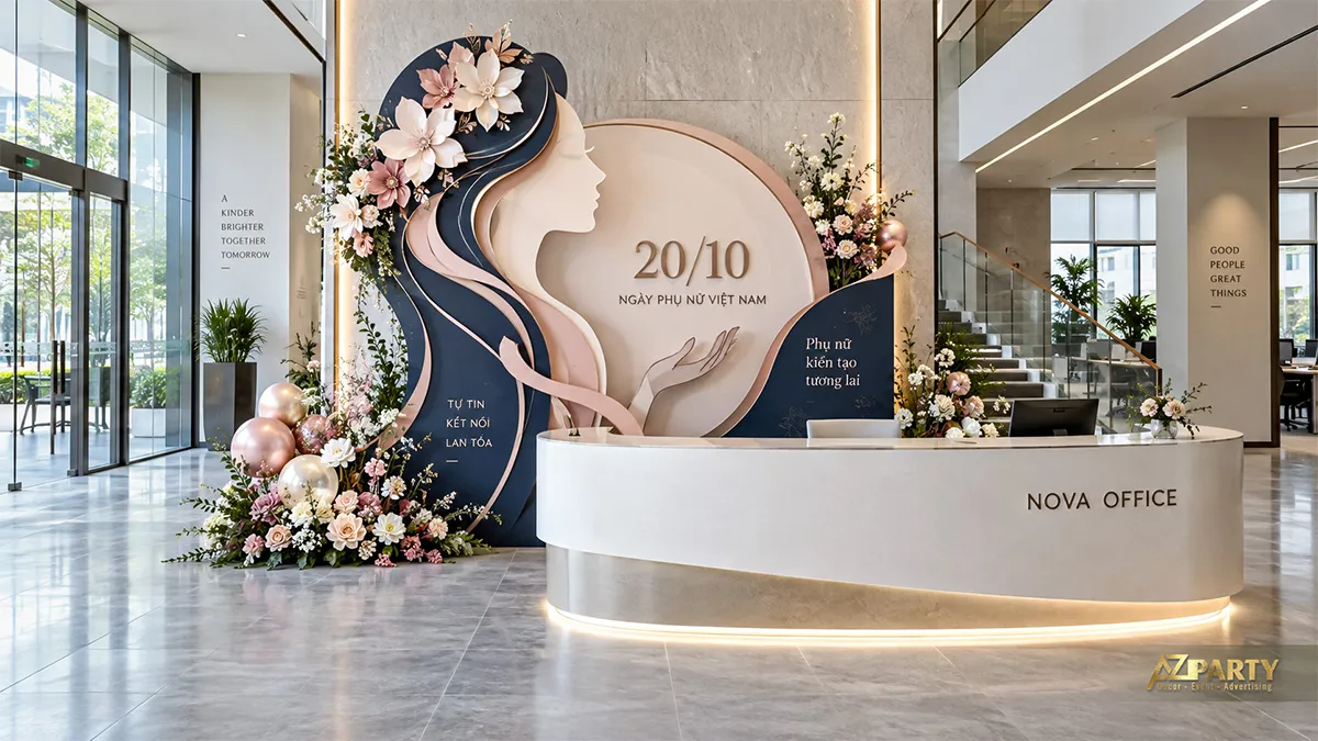 Quầy lễ tân có backdrop xanh hồng, hình phụ nữ, hoa và bóng bay ngày 20/10