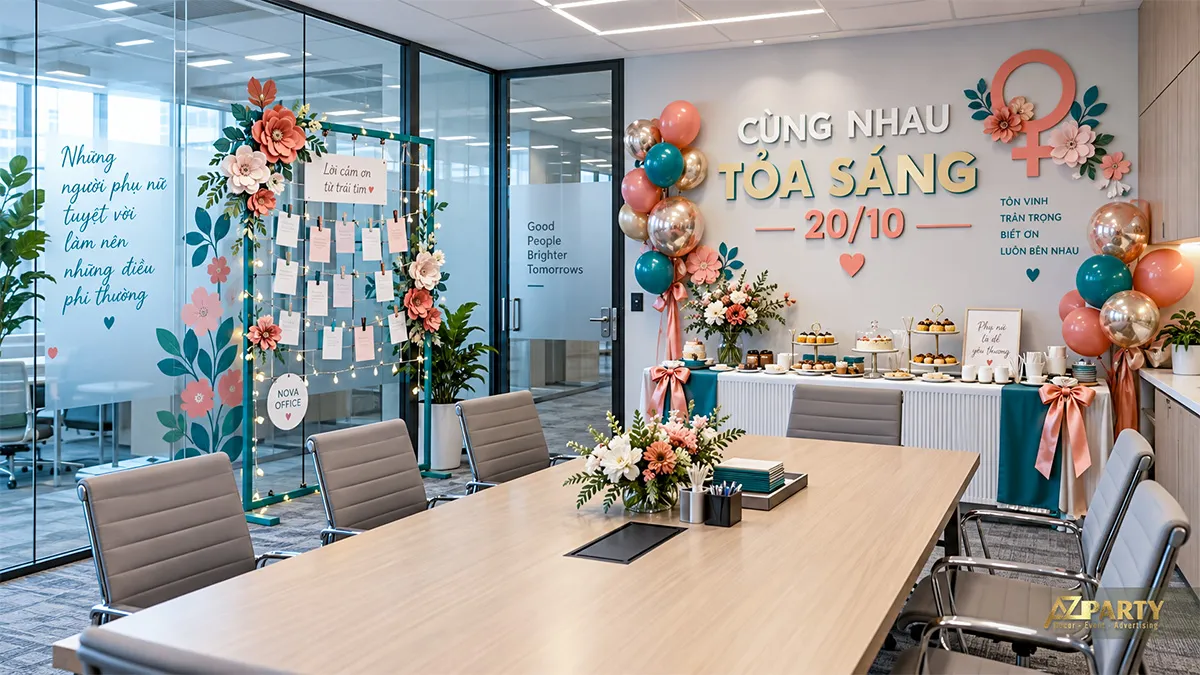 Phòng họp bố trí bàn bánh, bảng lời nhắn và vách Cùng nhau tỏa sáng 20/10