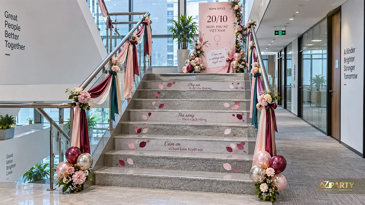 Cầu thang văn phòng phủ lụa hồng đỏ, hoa, bóng bay và lời nhắn tri ân