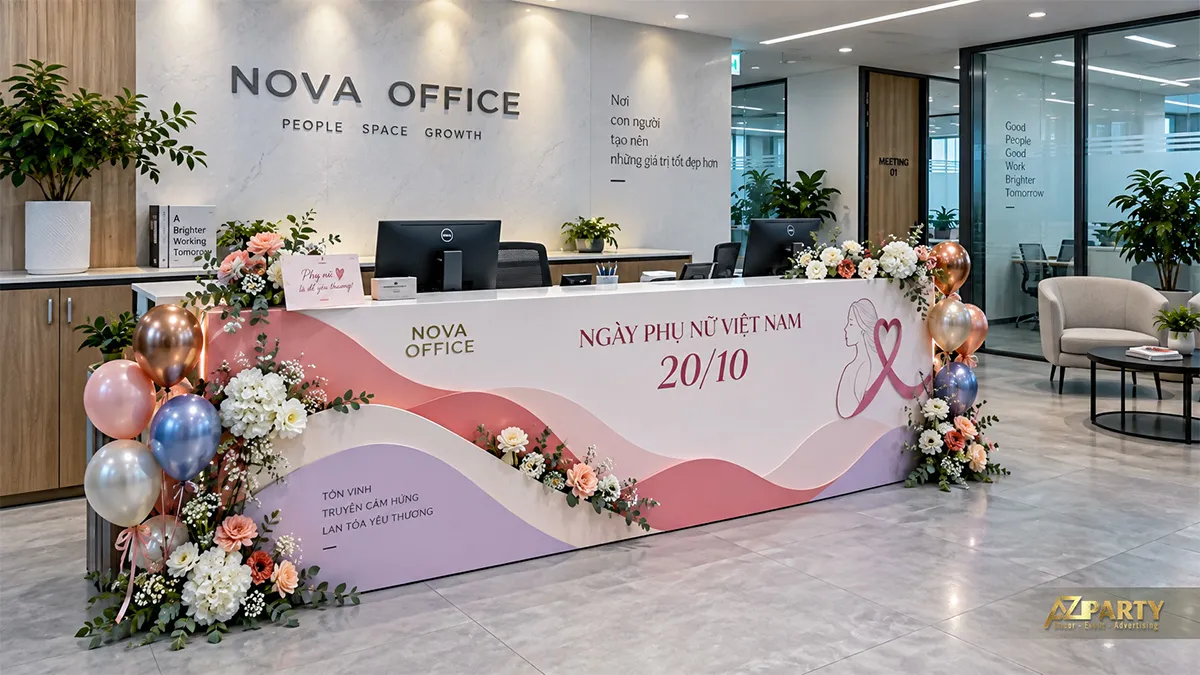 Quầy lễ tân bọc họa tiết hồng tím Ngày Phụ nữ Việt Nam cùng hoa và bóng bay
