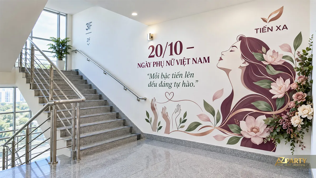 Chiếu nghỉ cầu thang có tranh người phụ nữ bên hoa sen và cụm hoa lớn