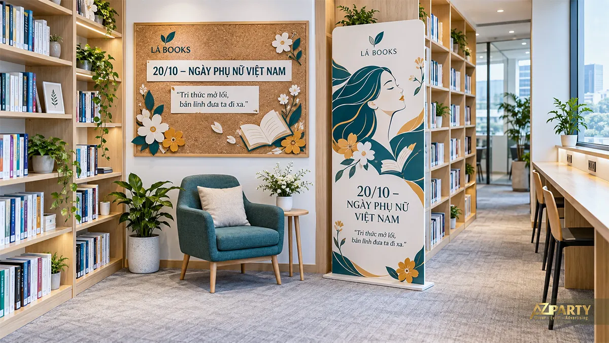 Góc thư viện văn phòng có bảng 20/10 và mô hình người phụ nữ bên cuốn sách