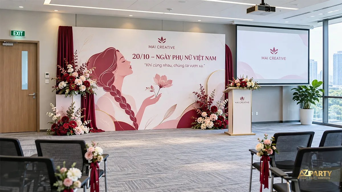 Phòng sự kiện công ty có sân khấu, backdrop 20/10, bục phát biểu và hoa