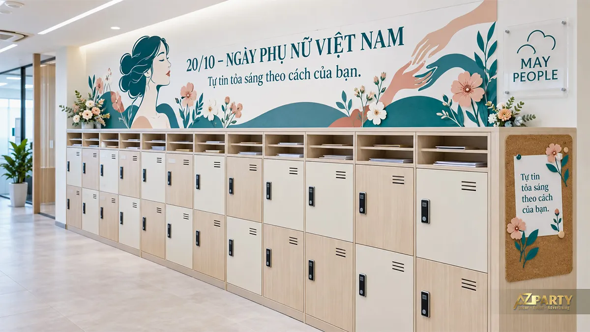 Hành lang tủ cá nhân trang trí tranh tường phụ nữ và hoa màu xanh đào