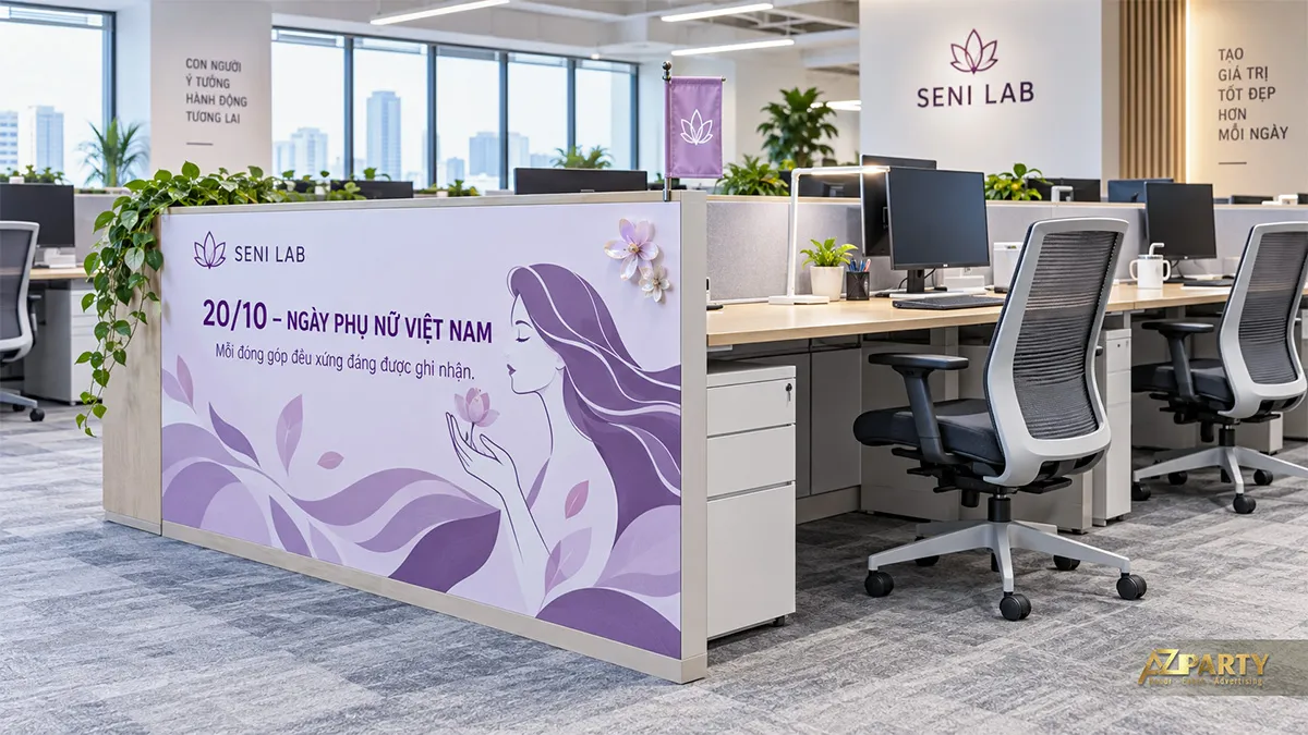 Vách ngăn bàn làm việc bọc màu tím với hình phụ nữ và hoa ngày 20/10