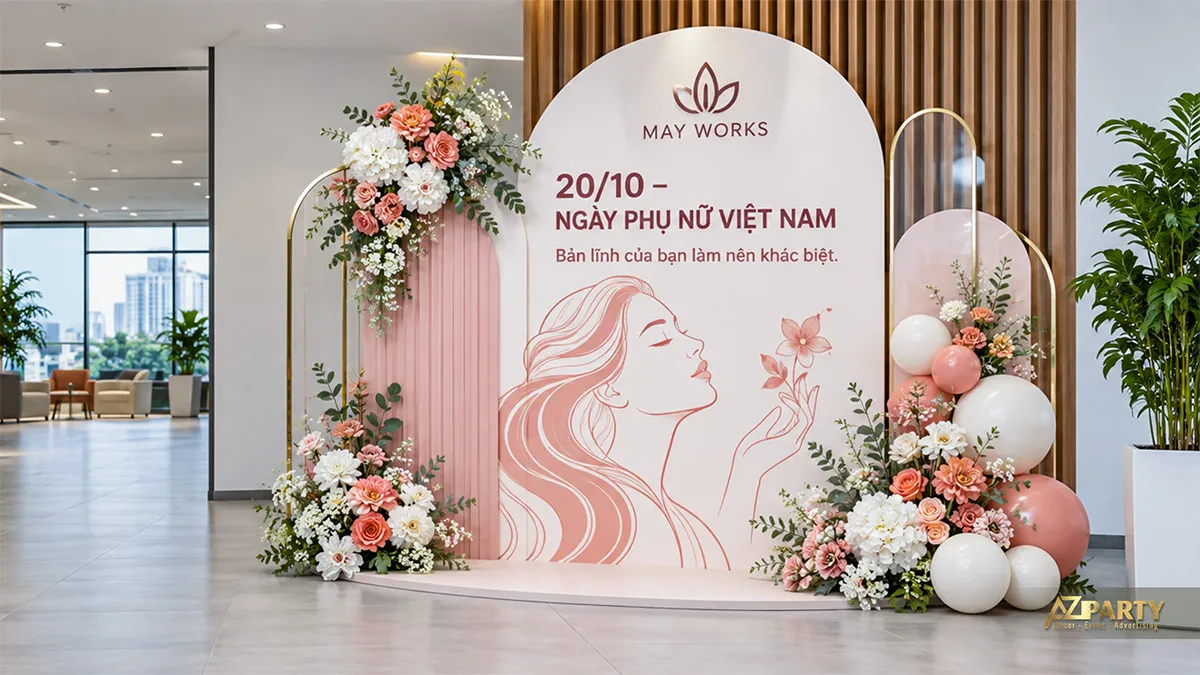 Backdrop 20/10 nhỏ gọn màu hồng phấn với nét vẽ phụ nữ, hoa và bóng bay