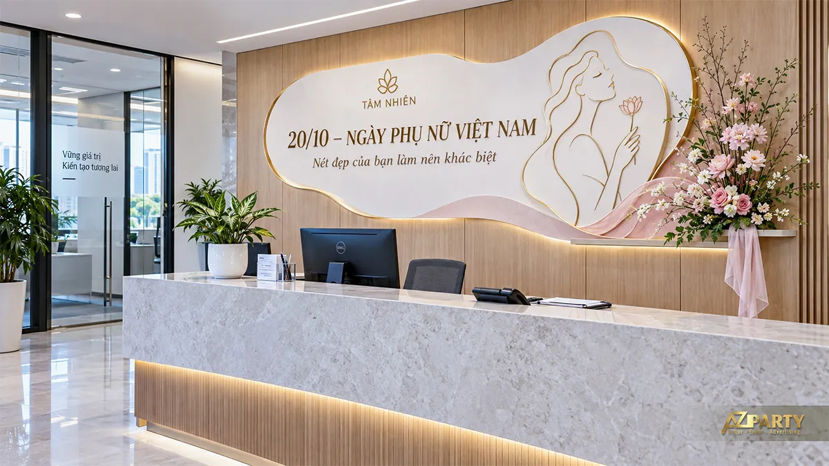 Vách lễ tân màu kem hồng có đèn viền, nét vẽ phụ nữ và bình hoa cao