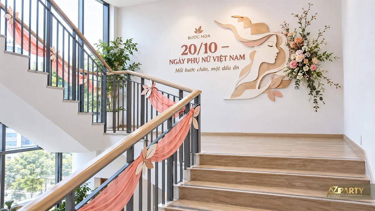 Chiếu nghỉ cầu thang trang trí lụa màu đào và tranh phụ nữ bên hoa