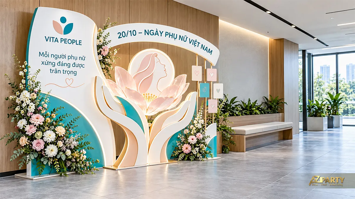 Tiểu cảnh 20/10 màu xanh ngọc tại sảnh với bàn tay nâng hoa và cụm hoa hai bên