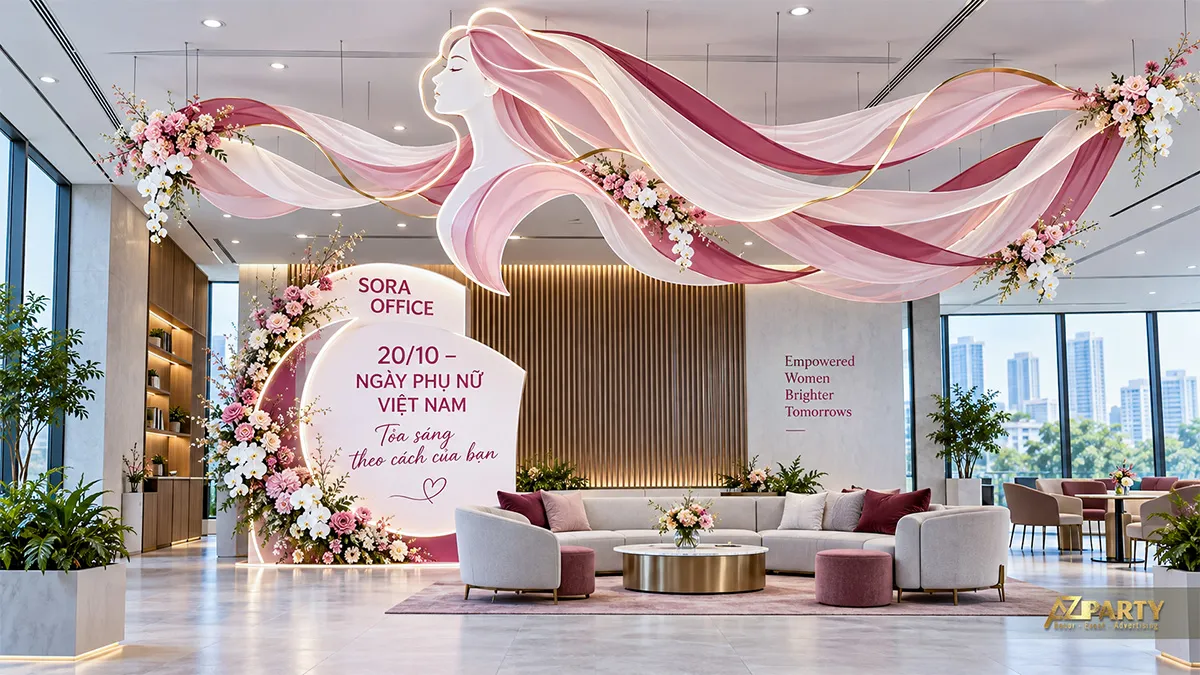 Sảnh văn phòng treo dải lụa hồng tạo hình mái tóc cùng backdrop hoa 20/10