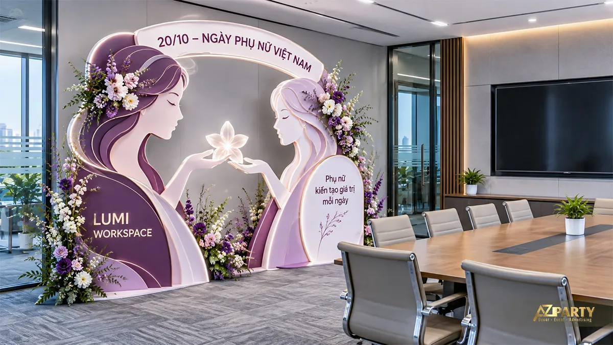 Backdrop tím trong phòng họp với hai chân dung phụ nữ và hoa trắng tím
