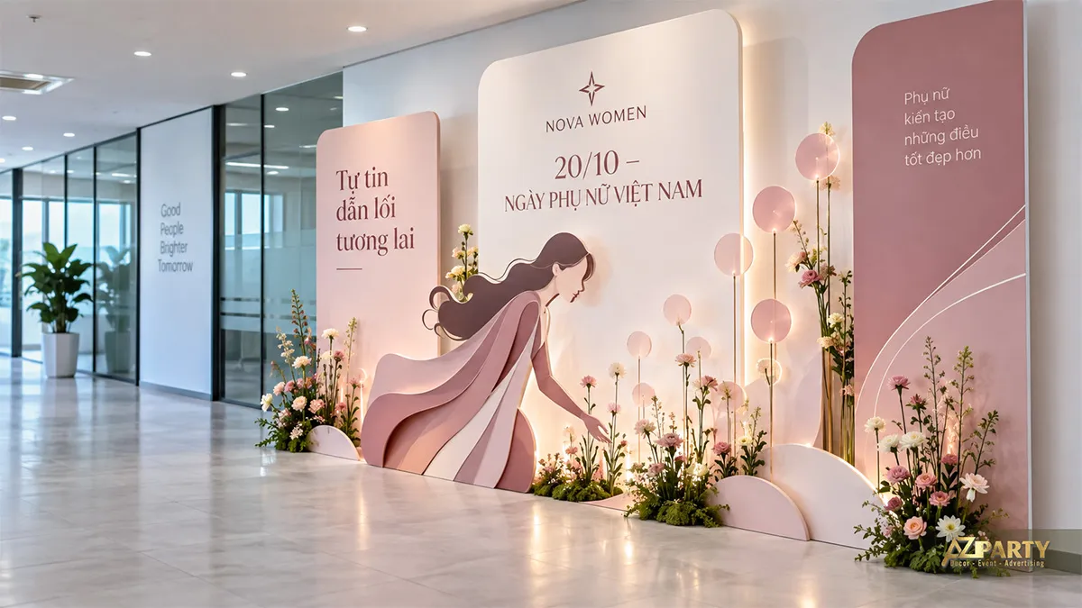 Vách 20/10 màu hồng kem tại hành lang với hình phụ nữ và các cụm hoa nhỏ