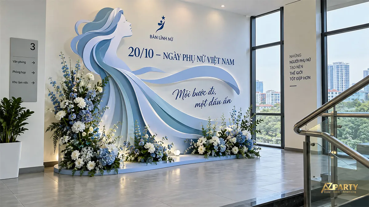 Góc cầu thang có mô hình phụ nữ xanh trắng cùng hoa cẩm tú cầu