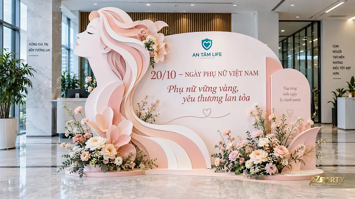 Backdrop sảnh văn phòng màu hồng phấn với chân dung phụ nữ và hoa hai bên