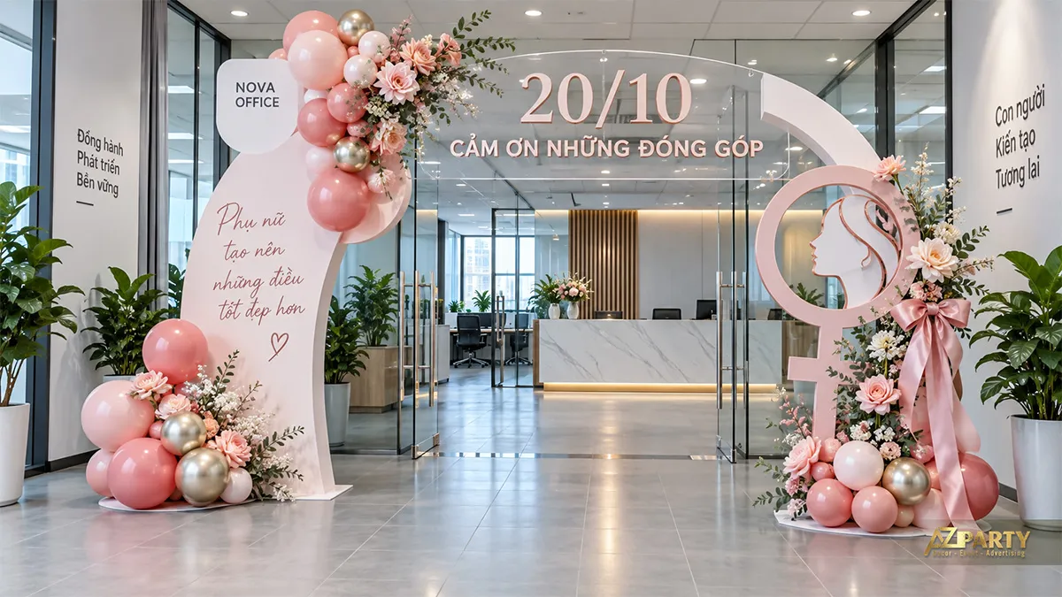 Cổng check-in trước quầy lễ tân với bóng bay hồng, hoa và biểu tượng nữ giới