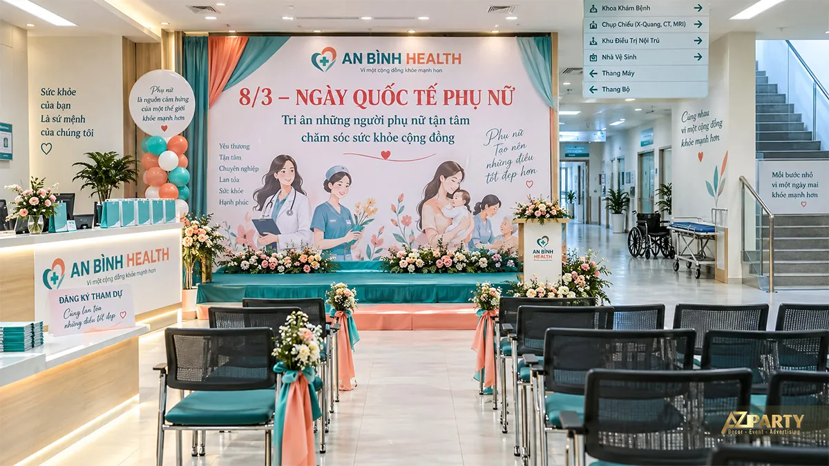 Khu gặp mặt với phông tri ân nhân viên y tế xanh cam, hàng ghế phía trước và bục phát biểu bên phải