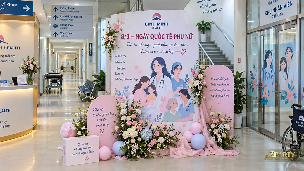 Vách hồng xanh cạnh cửa khu nhân viên có hình bác sĩ, điều dưỡng và phụ nữ chăm sóc mẹ con, người lớn tuổi