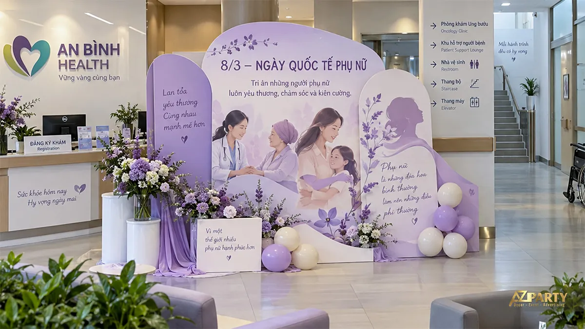 Tiểu cảnh tím với hình nữ bác sĩ nắm tay người bệnh và mẹ con, hai bên đặt hoa cùng bóng kem tím