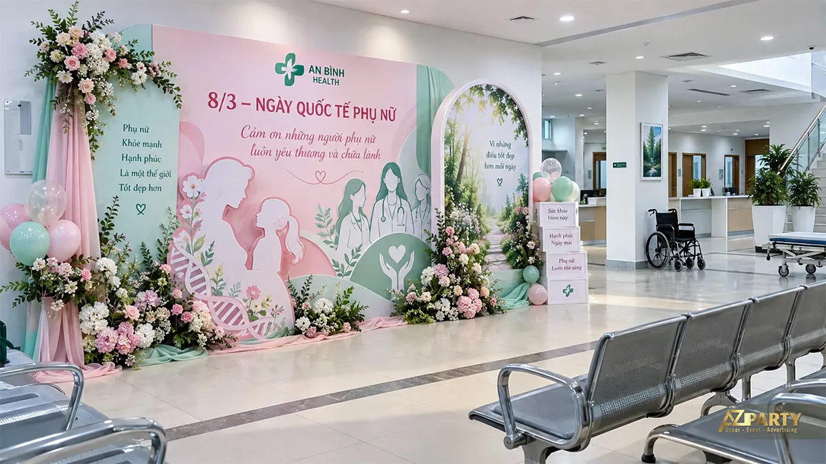 Vách hồng xanh cạnh khu chờ có hình mẹ con, ba nhân viên y tế và khung vòm cảnh cây xanh bên phải
