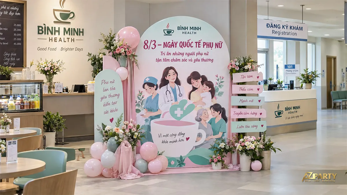 Góc cạnh quầy đồ uống có phông hồng xanh, hình nhân viên y tế và gia đình, mô hình tách lớn cùng hoa