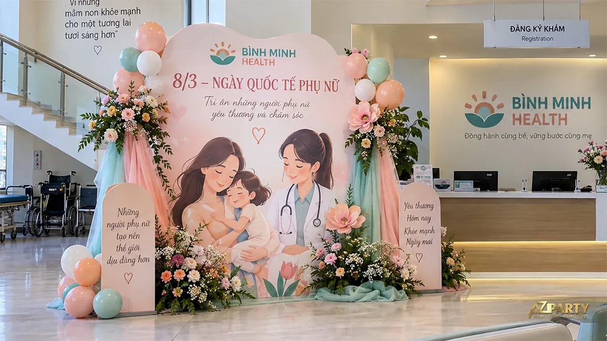 Vách hồng đào với hình mẹ ôm con cạnh nữ bác sĩ, rèm xanh hồng và bóng ở hai bên
