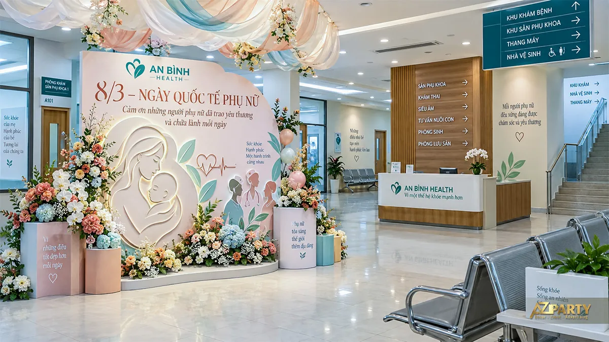 Phông kem xanh có hình mẹ ôm con nét vẽ, nhân viên y tế và hoa cạnh quầy sản phụ khoa