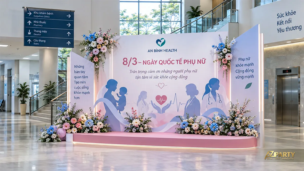 Phông hồng xanh với hình phụ nữ chăm sóc và nhân viên y tế, bệ hồng thấp cùng hoa dọc phía trước