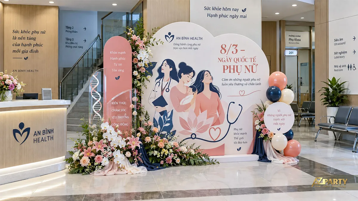 Vách kem xanh san hô với hình bác sĩ, mẹ con và phụ nữ, cạnh quầy có hoa cùng bóng xanh hồng