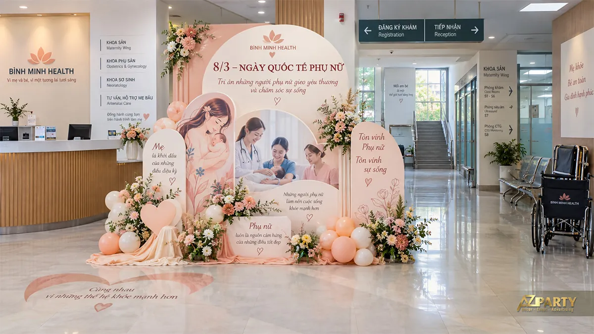 Tiểu cảnh hồng đào tại sảnh sản khoa với hình mẹ bế bé, bác sĩ và điều dưỡng, hoa cùng bóng ở chân vách