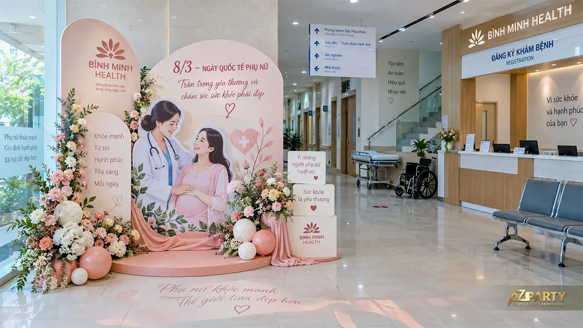 Tiểu cảnh hồng kem cạnh quầy đăng ký với hình nữ bác sĩ trò chuyện cùng người mẹ mang thai